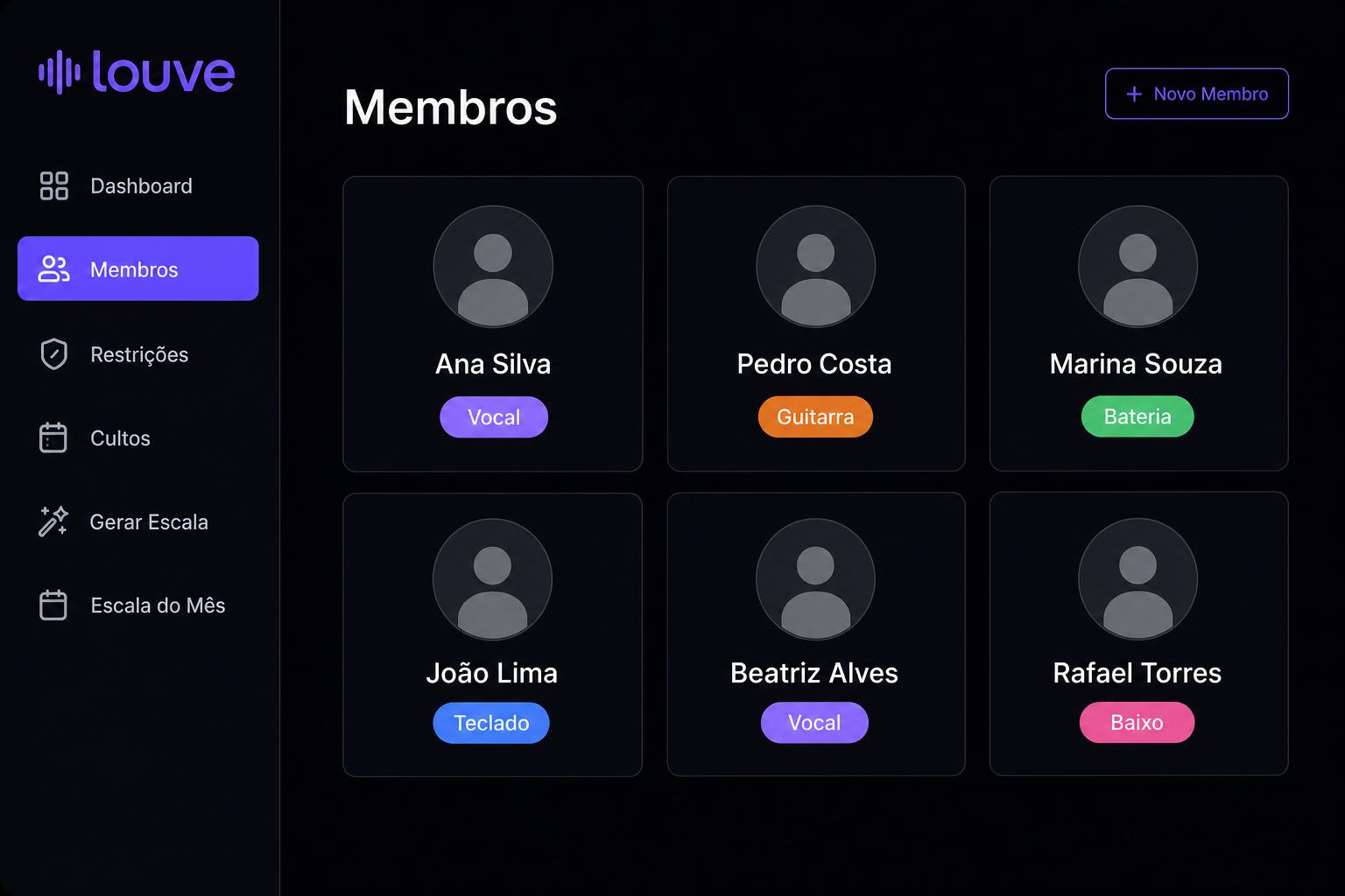 Dashboard do Louve mostrando a escala mensal do time de louvor